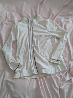 Les Collections Mat White Zip Up Long Sleeve Top Striped Trim S